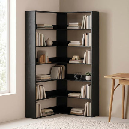 7 Tiers Bookshelf, L-Shaped Corner Bookcase with Anti-Slip Rear Guard, Black Wood Effect