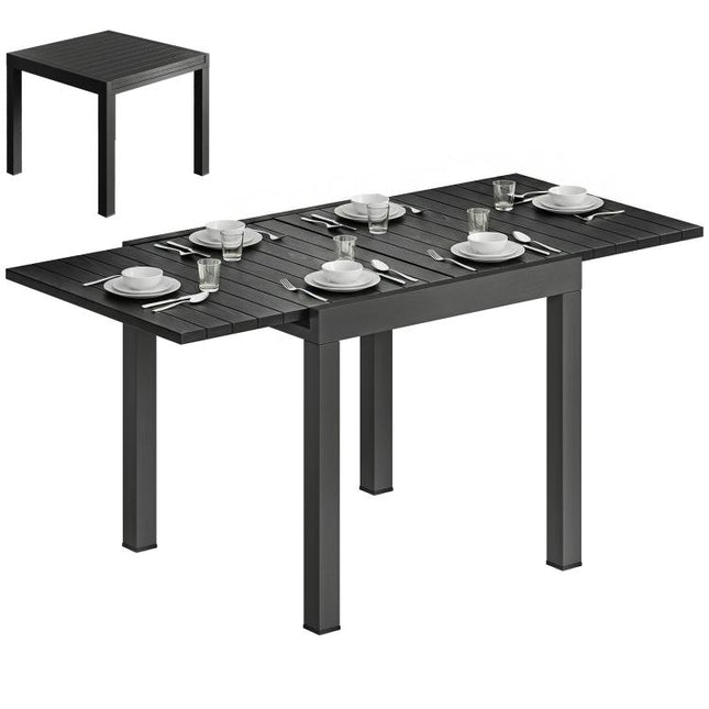 Extending Garden Table for 4-6, Aluminium Outdoor Dining Table with Faux Wood Slatted Top, Black
