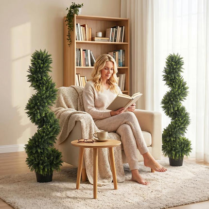 Set of 2 Artificial Spiral Cypress Trees, Fake Plants with 700 Leaves, UV Protection, Deep Green