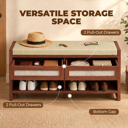 Boho Shoe Bench with 2 Rattan Drawers, Shoe Storage Bench with Cushioned Seat and Open Shelf Brown