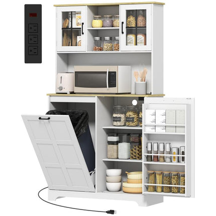 175cm Tall Kitchen Cabinet, Kitchen Cupboard with Rubbish Bin Cabinet, 3 Door Shelves and 2 Acrylic Doors, White