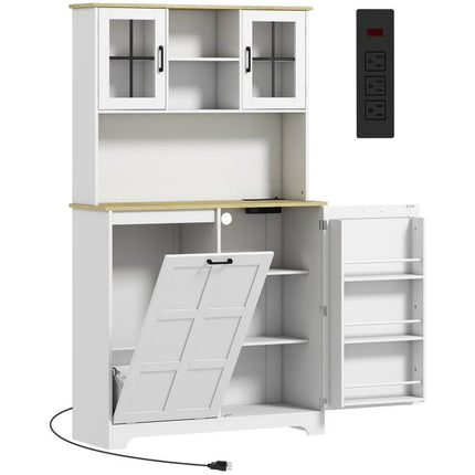 175cm Tall Kitchen Cabinet, Kitchen Cupboard with Rubbish Bin Cabinet, 3 Door Shelves and 2 Acrylic Doors, White