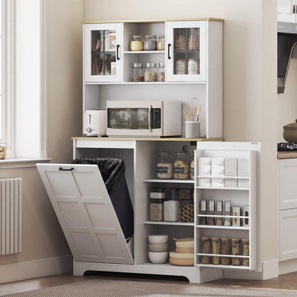 175cm Tall Kitchen Cabinet, Kitchen Cupboard with Rubbish Bin Cabinet, 3 Door Shelves and 2 Acrylic Doors, White