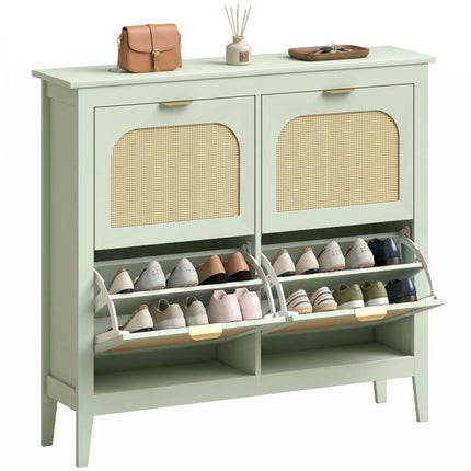 Narrow Shoe Cabinet, Boho Slim Shoe Storage Cabinet with 4 Flip Drawers, Holds 20 Pairs, Light Green