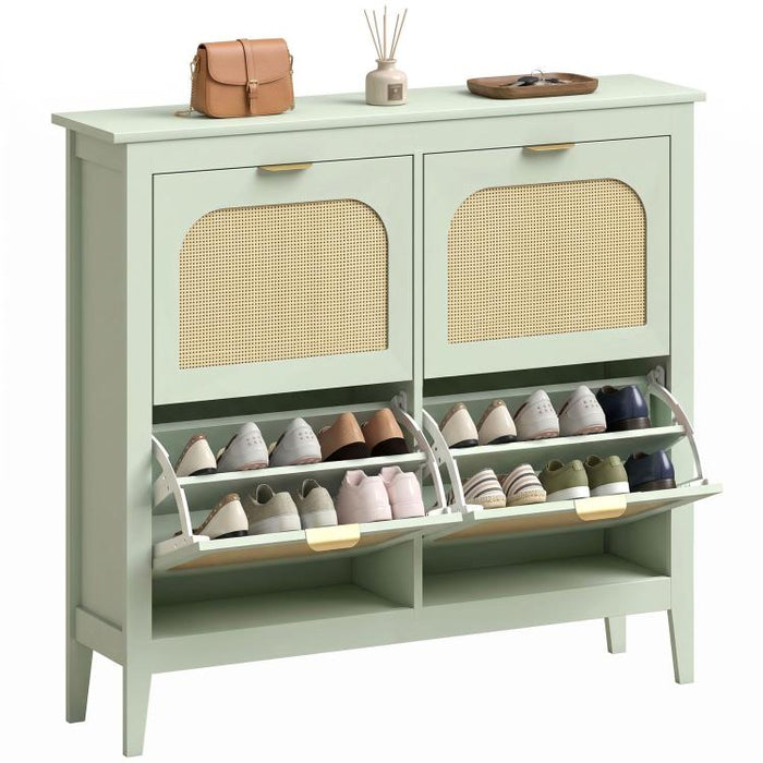 Narrow Shoe Cabinet, Boho Slim Shoe Storage Cabinet with 4 Flip Drawers, Holds 20 Pairs, Light Green