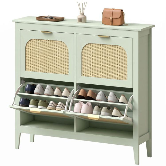 Narrow Shoe Cabinet, Boho Slim Shoe Storage Cabinet with 4 Flip Drawers, Holds 20 Pairs, Light Green
