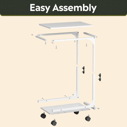 WLIVE Height Adjustable C-Shaped Side Table, Sturdy Steel Frame Sofa Table with 4 Lockable Wheels, Ideal for Living Room, Bedroom and Small Spaces, White