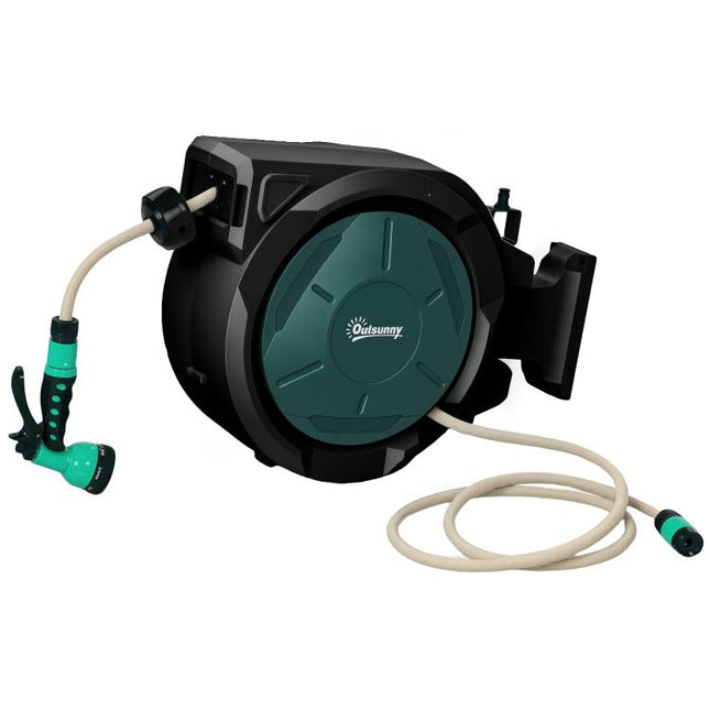 Retractable Hose Reel Wall Mounted, 30+2m Garden Hose Pipe Reel with Lock, Auto Rewind, 7 in 1 Spray Nozzle, Includes Wall Fixings, 180 Degrees Swivel, Outdoor Watering, 59 x 23 x 42 cm, Green