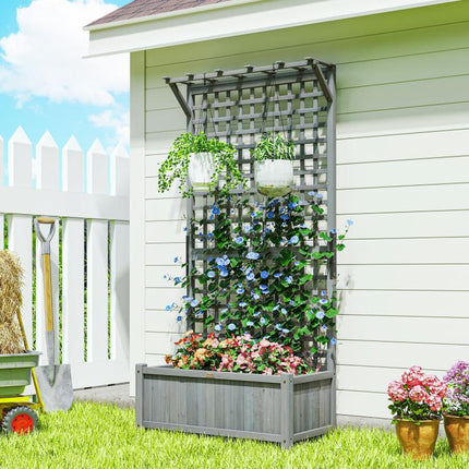 Raised Bed with Drainage Holes, Wood Planter with Trellis for Climbing Plants to Grow Vegetables, Flowers, Dark Grey