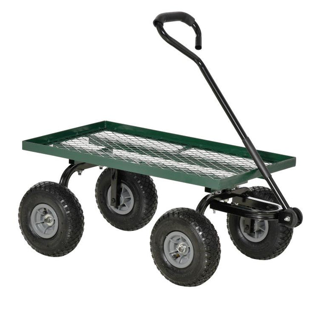 Garden Trolley Cart, Heavy Duty Garden Cart with Metal Frame, 10 inch Pneumatic Wheels, Rotating Handle, 150kg Capacity, for Garden, Farm, Green