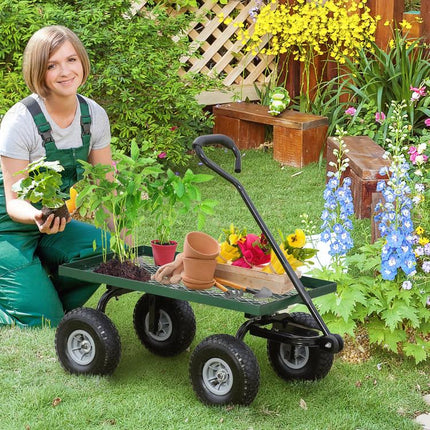 Garden Trolley Cart, Heavy Duty Garden Cart with Metal Frame, 10 inch Pneumatic Wheels, Rotating Handle, 150kg Capacity, for Garden, Farm, Green