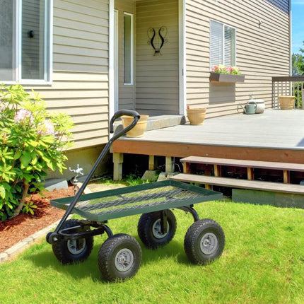 Garden Trolley Cart, Heavy Duty Garden Cart with Metal Frame, 10 inch Pneumatic Wheels, Rotating Handle, 150kg Capacity, for Garden, Farm, Green