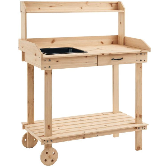 Garden Potting Bench Table, Wooden Work Station, Outdoor Planting Workbench with 2 Wheels, Sink, Drawer & Large Storage Spaces, 92x45x119cm