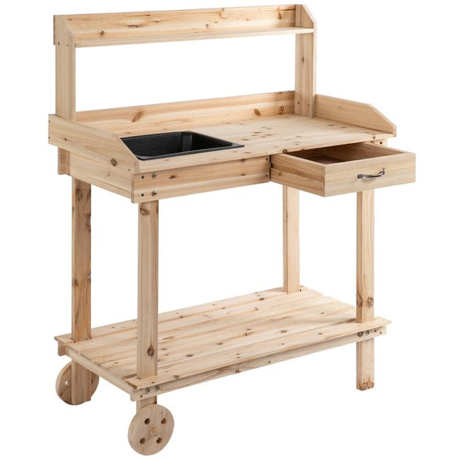Garden Potting Bench Table, Wooden Work Station, Outdoor Planting Workbench with 2 Wheels, Sink, Drawer & Large Storage Spaces, 92x45x119cm