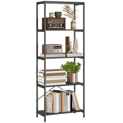 5-Tier Bookshelf, Industrial Bookcase with Metal Frame - Dark Grey and Black