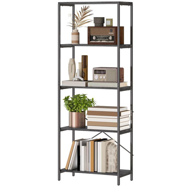 5-Tier Bookshelf, Industrial Bookcase with Metal Frame - Dark Grey and Black