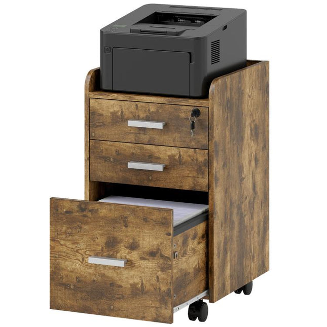 3 Drawer Filing Cabinet with Lock, Rolling File Cabinet with Edged Top for Letter, A4 Size, Hanging File Folders