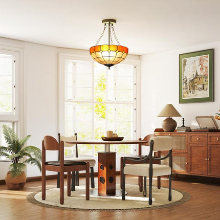 Tiffany Style Ceiling Light, Vintage Chandelier with 3 E27 Sockets, Semi Flush Mount for Living Room, Bulbs Not Included
