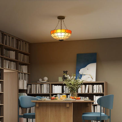 Tiffany Style Ceiling Light, Vintage Chandelier with 3 E27 Sockets, Semi Flush Mount for Living Room, Bulbs Not Included