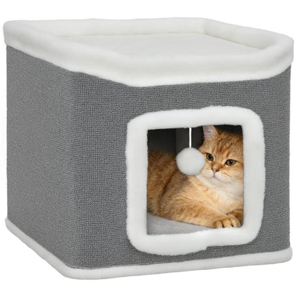 Cat House for Indoor Kittens, 2-Level Cat Cave Bed with Fluffy Balls, Top Bed, Kitten Barrel for Multi Kitties, Grey