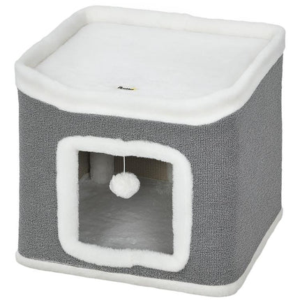 Cat House for Indoor Kittens, 2-Level Cat Cave Bed with Fluffy Balls, Top Bed, Kitten Barrel for Multi Kitties, Grey