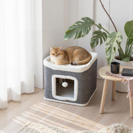 Cat House for Indoor Kittens, 2-Level Cat Cave Bed with Fluffy Balls, Top Bed, Kitten Barrel for Multi Kitties, Grey