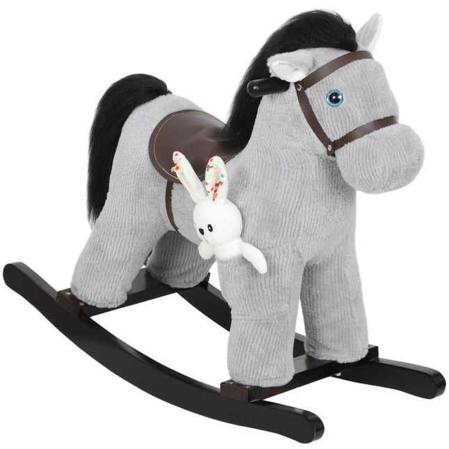 Baby Rocking Horse, Plush Ride on Toy with Handle Grip, Sound and Doll, Toddler Animal Rocker for Kids Aged 2-5, Grey