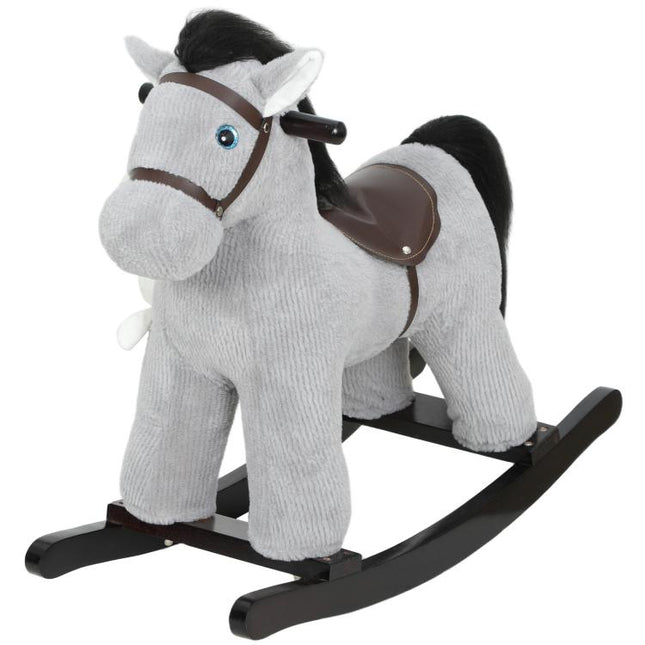 Baby Rocking Horse, Plush Ride on Toy with Handle Grip, Sound and Doll, Toddler Animal Rocker for Kids Aged 2-5, Grey