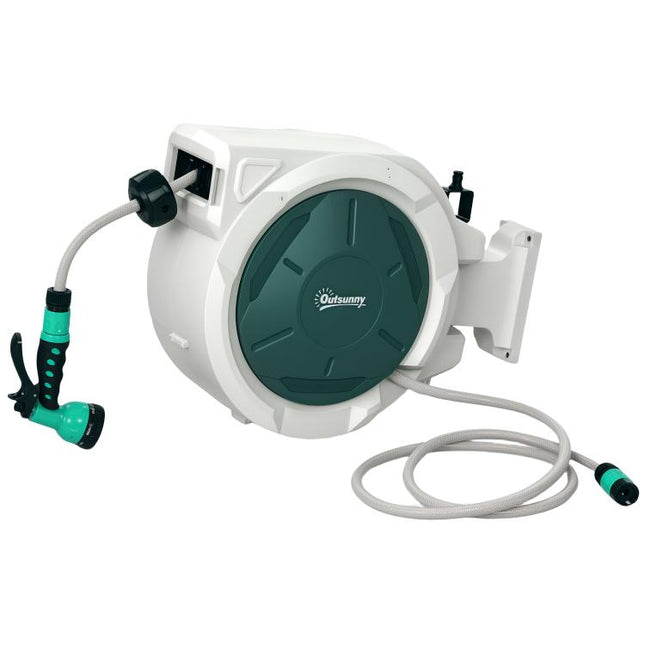 Retractable Hose Reel Wall Mounted, 20+2m Garden Hose Pipe Reel with Lock, Auto Rewind, 7 in 1 Spray Nozzle, Includes Wall Fixings, 180 Degrees Swivel, Outdoor Watering, 54 x 20 x 39 cm, Light Grey