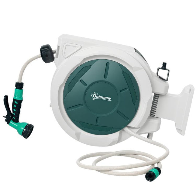 Retractable Hose Reel Wall Mounted, 20+2m Garden Hose Pipe Reel with Lock, Auto Rewind, 7 in 1 Spray Nozzle, Includes Wall Fixings, 180 Degrees Swivel, Outdoor Watering, 54 x 20 x 39 cm, Light Grey