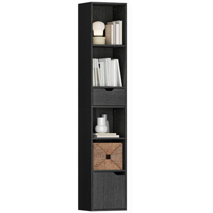 6-Tier Bookcase, Tall Narrow Bookshelf with Drawer and Door - Black