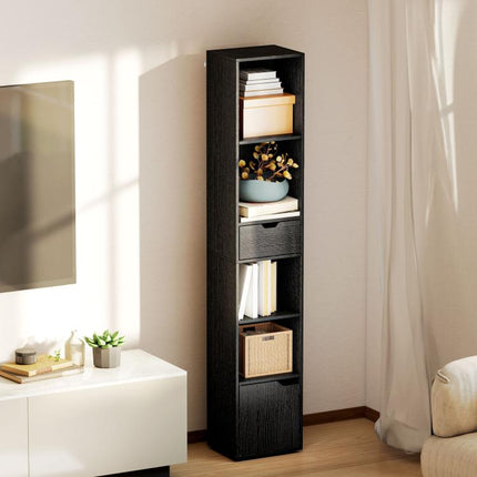 6-Tier Bookcase, Tall Narrow Bookshelf with Drawer and Door - Black