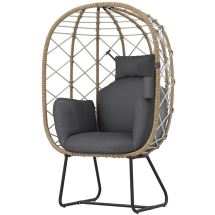 Rattan Egg Chair Outdoor Indoor Wicker Chair with Thickened Cushion and Headrest, Standing Garden Egg Chair with Cup Holder, Metal Frame for Patio, Balcony, Brown