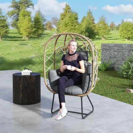 Rattan Egg Chair Outdoor Indoor Wicker Chair with Thickened Cushion and Headrest, Standing Garden Egg Chair with Cup Holder, Metal Frame for Patio, Balcony, Brown