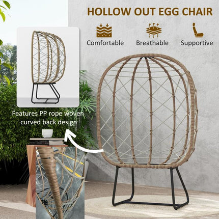 Rattan Egg Chair Outdoor Indoor Wicker Chair with Thickened Cushion and Headrest, Standing Garden Egg Chair with Cup Holder, Metal Frame for Patio, Balcony, Brown