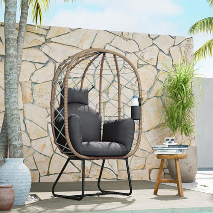 Rattan Egg Chair Outdoor Indoor Wicker Chair with Thickened Cushion and Headrest, Standing Garden Egg Chair with Cup Holder, Metal Frame for Patio, Balcony, Brown