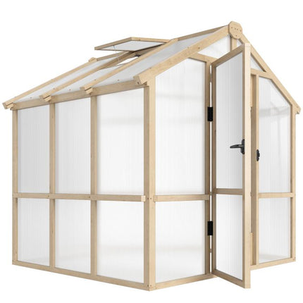 6.6 x 6ft Polycarbonate Greenhouse, Walk-in Wooden Greenhouse with Lockable Door and Window, Garden Plants Grow House, Brown