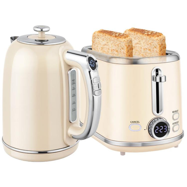 Polished Retro 40-100 DegreesC Kettle and Toaster Set - Cream