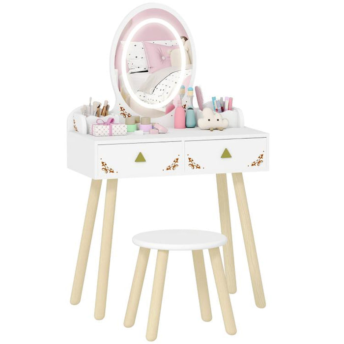 Kids Vanity Table and Chair Set with 3-Colour LED Lights Mirror, Drawer, Storage Boxes, for 3+ Years, White