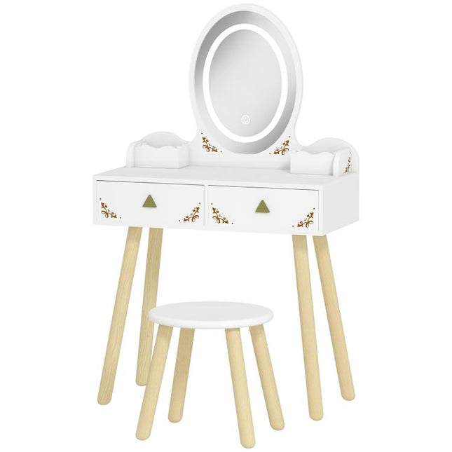 Kids Vanity Table and Chair Set with 3-Colour LED Lights Mirror, Drawer, Storage Boxes, for 3+ Years, White