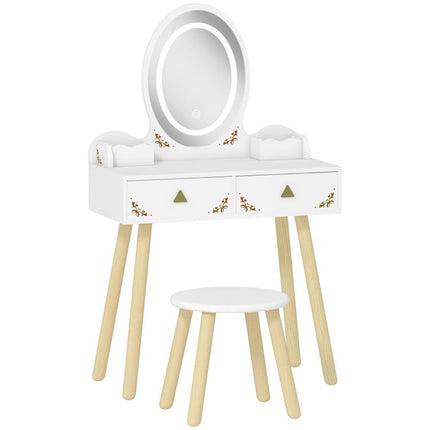 Kids Vanity Table and Chair Set with 3-Colour LED Lights Mirror, Drawer, Storage Boxes, for 3+ Years, White