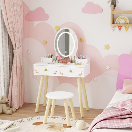 Kids Vanity Table and Chair Set with 3-Colour LED Lights Mirror, Drawer, Storage Boxes, for 3+ Years, White