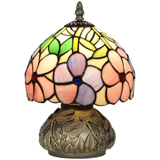 Tiffany-Style Table Lamp with Sculpted Dragonfly Base, Handcrafted Antique Stained Glass Bedside Lamp for Living Room and Bedroom, E27 Socket, Pink