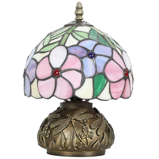 Tiffany-Style Table Lamp with Sculpted Dragonfly Base, Handcrafted Antique Stained Glass Bedside Lamp for Living Room and Bedroom, E27 Socket, Pink