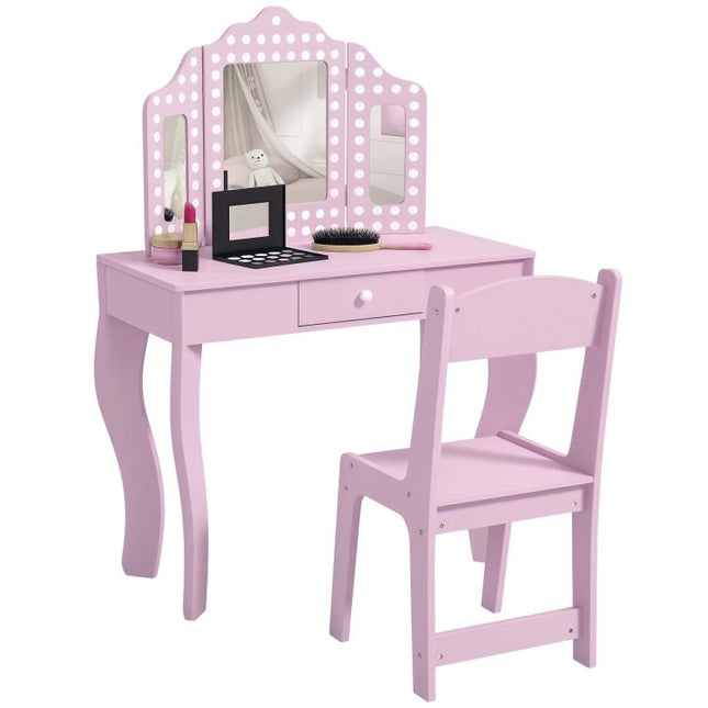 Kids Dressing Table Sets with Stool and Tri-Fold Mirror, Drawer for Playroom, Bedroom - Pink