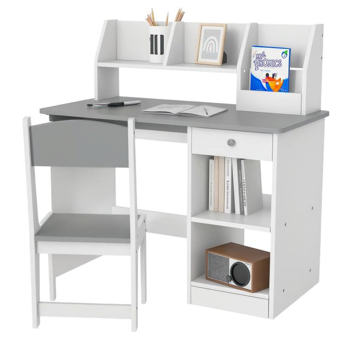 Two-Piece Kids Desk and Chair Set with Storage, for Ages 5-8 Years - Grey