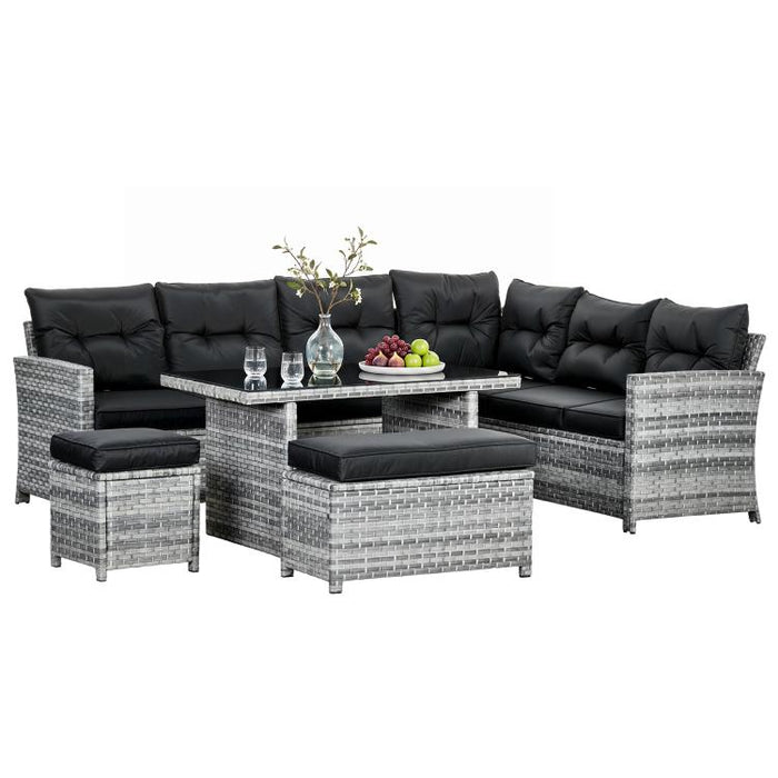 5-Piece Rattan Patio Furniture Set with Corner Sofa, Footstools, Glass Coffee Table, Cushions, Mixed Grey