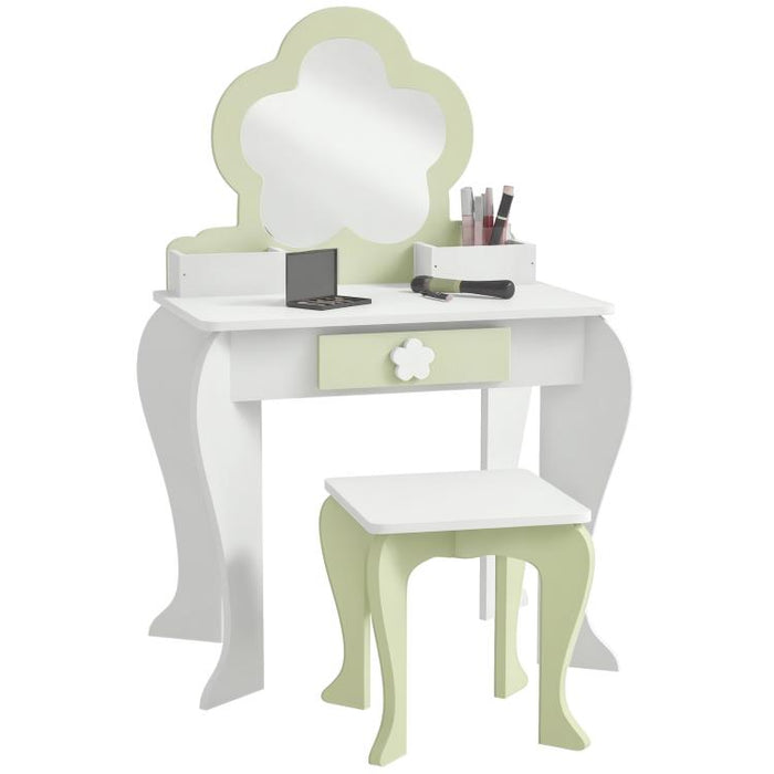 Kids Vanity Table with Mirror and Stool, Drawer, Storage Boxes, Flower Design, for Ages 3-6 Years - White