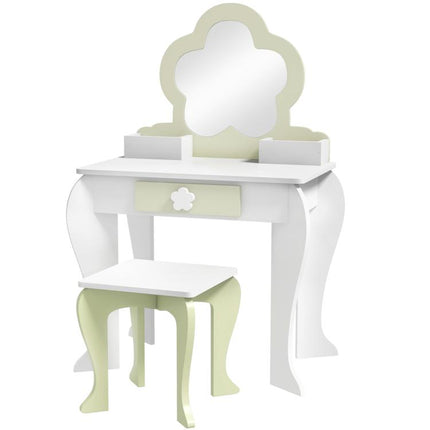 Kids Vanity Table with Mirror and Stool, Drawer, Storage Boxes, Flower Design, for Ages 3-6 Years - White