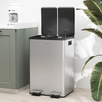 56L Dual Compartment Stainless Steel Bin, with Deodoriser Holders - Silver Tone